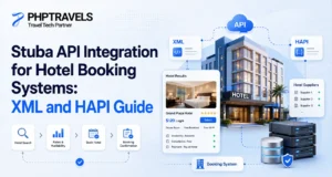Stuba API integration for hotel booking systems showing XML, HAPI, hotel search, rates, availability, and booking confirmation.