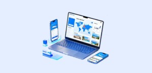 White label travel portal booking platform interface on laptop and mobile devices
