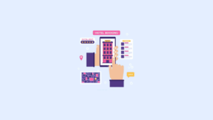 hotel booking interface with a hotel building, booking details, map location, and guest interaction icons representing online hotel reservation systems