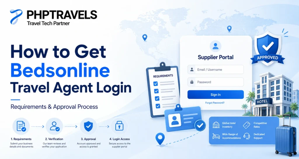 Bedsonline travel agent login guide showing requirements, verification, approval, and supplier portal access.