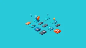 white label travel portal development layout showing flight icons, booking tiles, and travel technology elements