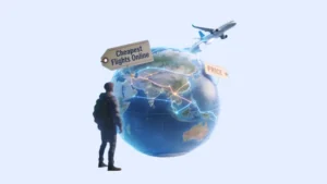Traveler viewing cheapest flights online on a digital globe with live airline routes and prices