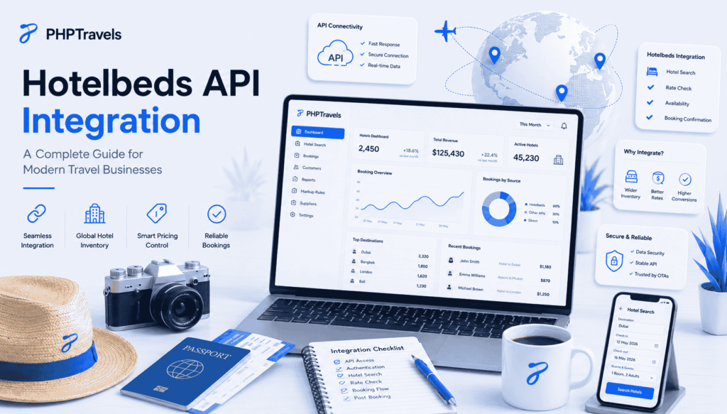 Professional PHPTravels Hotelbeds API integration feature image showing hotel booking dashboard, global hotel inventory workflow, API connectivity, and travel technology interface for modern travel businesses.