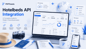 Professional PHPTravels Hotelbeds API integration feature image showing hotel booking dashboard, global hotel inventory workflow, API connectivity, and travel technology interface for modern travel businesses.