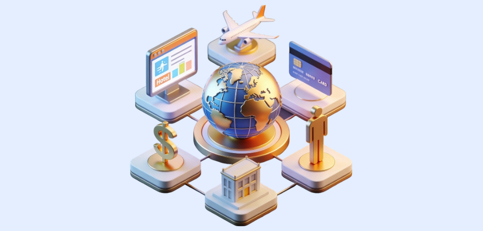 Online booking engine for travel agents showing global travel platform with flight hotel payment and booking system modules