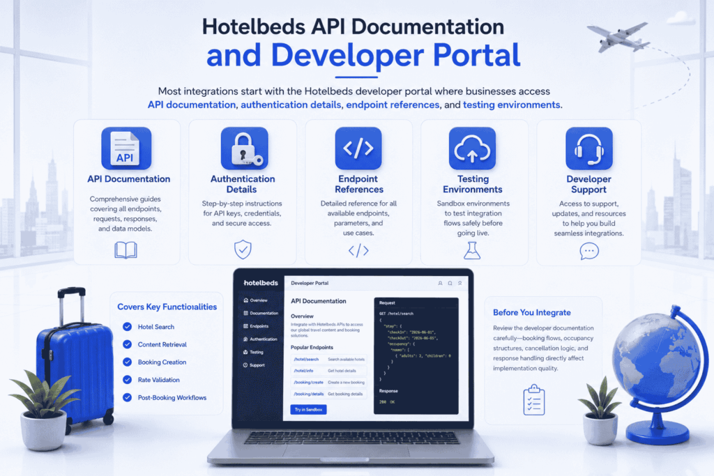 Hotelbeds API documentation and developer portal infographic showing API documentation, authentication, endpoint references, testing environments, developer support, and hotel booking integration workflow with a developer dashboard interface.