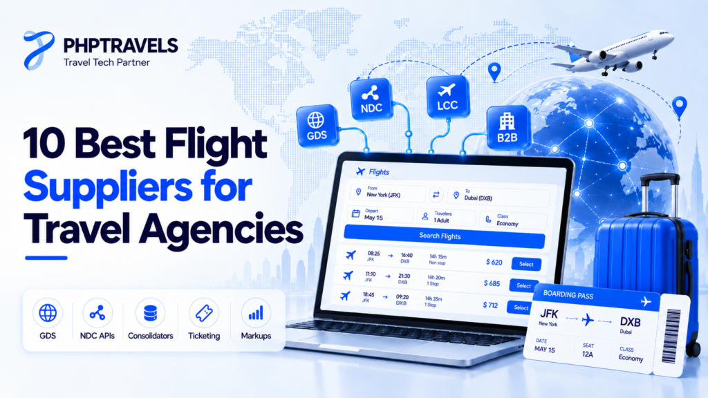 10 best flight suppliers for travel agencies: GDS, NDC, LCC and B2B supplier APIs feeding a flight search screen