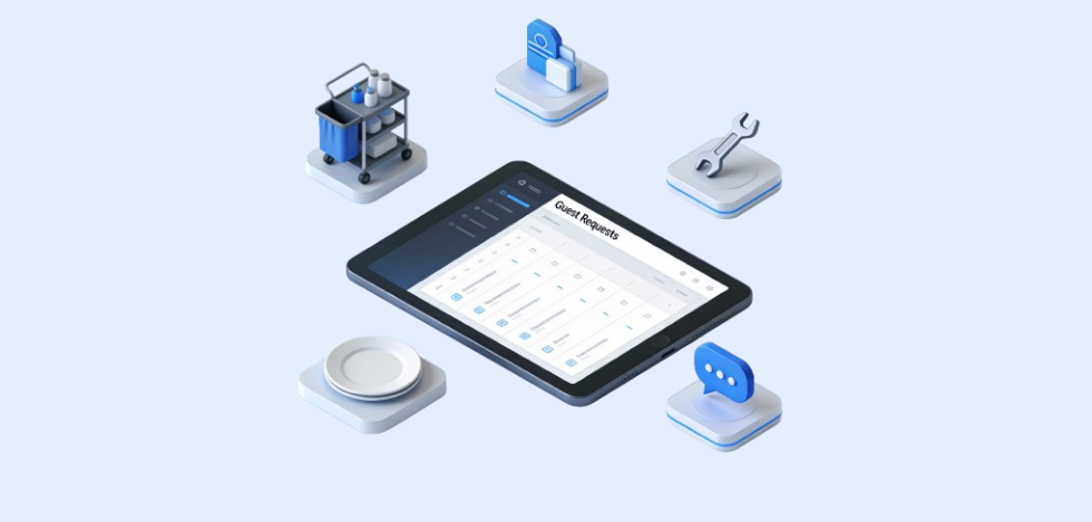 Digital concierge for hotels dashboard showing guest requests, housekeeping, maintenance, and chat management