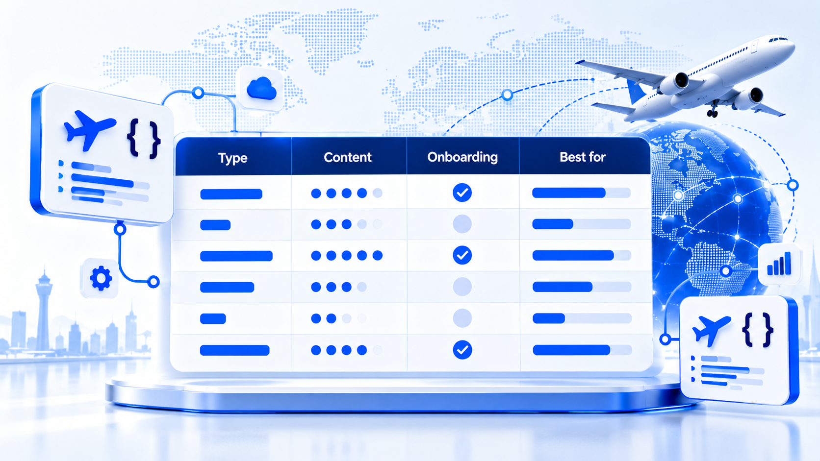 Comparison dashboard of flight API providers by type, content, onboarding and best fit