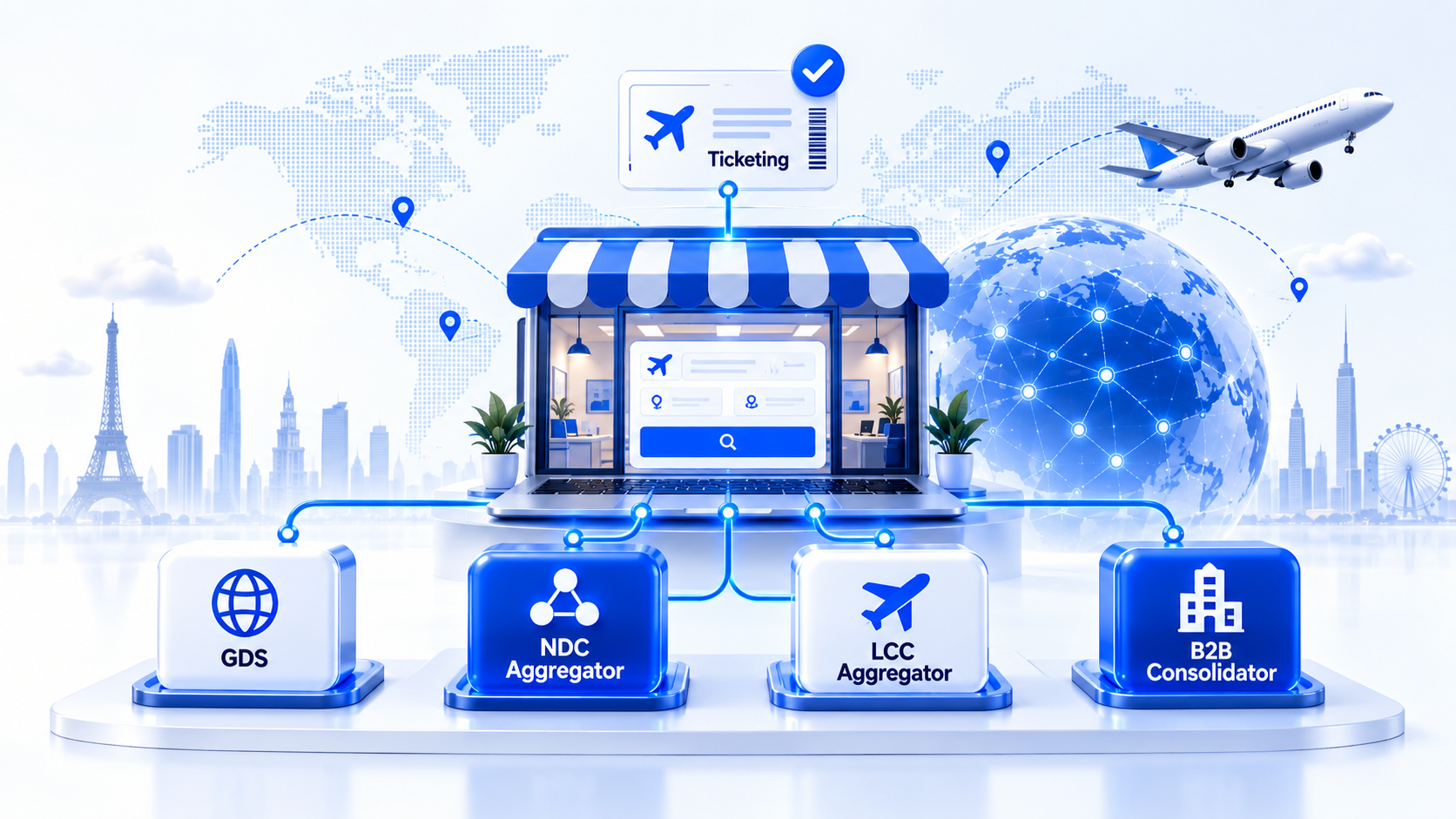 Four flight supplier types, GDS, NDC aggregator, LCC aggregator and B2B consolidator, feeding a travel agency storefront with ticketing