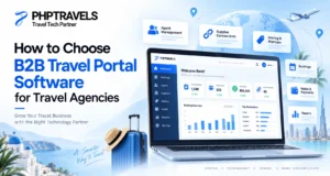 B2B travel portal software for travel agencies showing agent management, supplier connections, pricing and markups, bookings, wallet payments, and reporting.