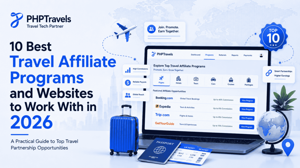PHPTravels blog feature image showing travel affiliate programs, dashboard interface, suitcase, passport, tickets, globe, and Top 10 badge.