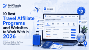 PHPTravels blog feature image showing travel affiliate programs, dashboard interface, suitcase, passport, tickets, globe, and Top 10 badge.