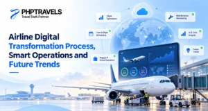 Airline digital transformation showing smart flight operations, AI, maintenance, scheduling and future technology trends.