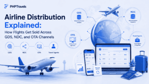 Airline distribution infographic showing how flights are sold through GDS, NDC, OTA channels, and travel agents with airline booking technology and global travel connectivity visuals.