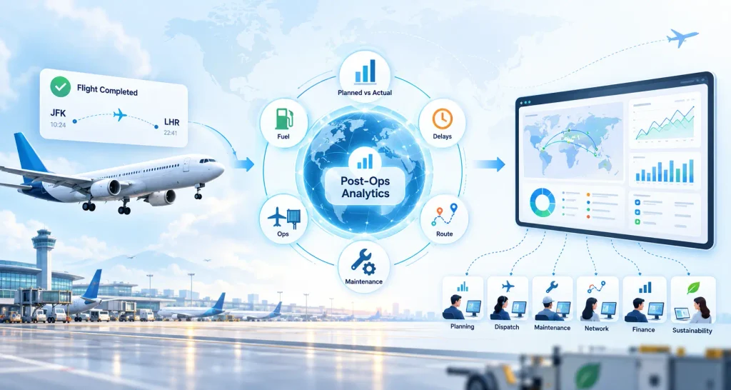 Airline post-operations analytics showing planned versus actual flight performance, fuel use, delays, routes, maintenance and operational reporting.