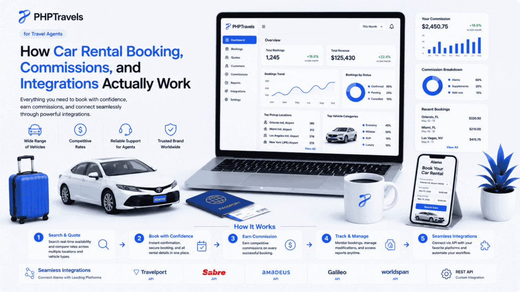 PHPTRAVELS dashboard showing Alamo car rental booking workflow, commission tracking, integrations, and travel agent management system with GDS connectivity.