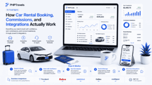 PHPTRAVELS dashboard showing Alamo car rental booking workflow, commission tracking, integrations, and travel agent management system with GDS connectivity.