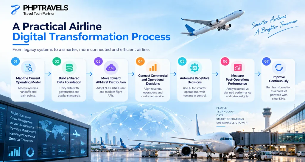 Airline digital transformation process showing seven stages from current operations and shared data to API-first distribution, AI automation, performance measurement, and continuous improvement.