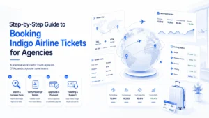 Step-by-step Indigo airline ticket booking workflow for travel agencies with fare comparison, passenger verification, payment approval, ticketing support, and travel dashboard.