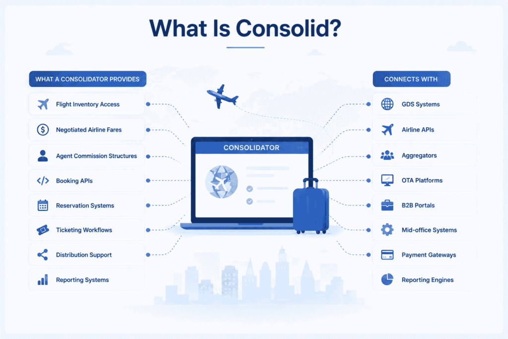 what Consolid is in travel, showing a consolidator platform providing flight inventory, negotiated fares, booking APIs, ticketing workflows, reporting systems, and connecting with GDS systems, airline APIs, aggregators, OTA platforms, B2B portals, mid-office systems, payment gateways, and reporting engines.