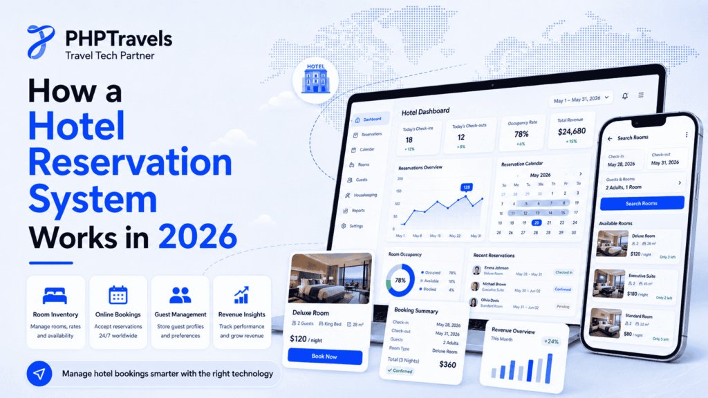 Alt Text: How a Hotel Reservation System Works in 2026 with PHPTravels hotel dashboard, room inventory, online bookings, guest management, and reservation analytics.