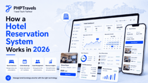 Alt Text: How a Hotel Reservation System Works in 2026 with PHPTravels hotel dashboard, room inventory, online bookings, guest management, and reservation analytics.