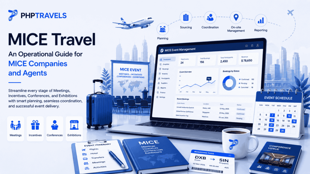 MICE travel management platform showing event planning, attendee coordination, venue sourcing, itinerary management, reporting dashboards, and corporate event operations for meetings, incentives, conferences, and exhibitions.
