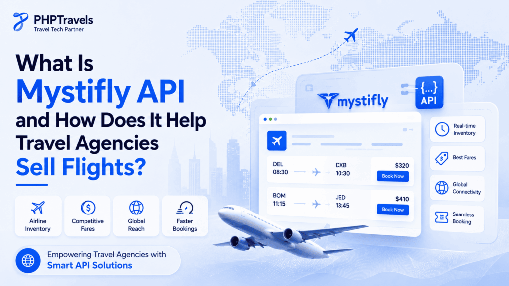 What Is Mystifly API and How Does It Help Travel Agencies Sell Flights? Feature image showing PHPTravels, Mystifly API integration, airline inventory, competitive fares, global connectivity, and seamless flight booking capabilities.