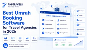 PHPTRAVELS feature image showcasing the best Umrah booking software for travel agencies in 2026, with package, flight, hotel, visa, payment, CRM, and booking-management features.