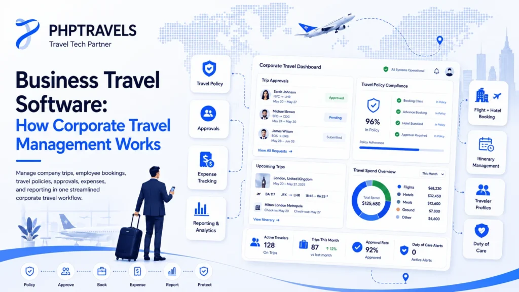 Business travel software dashboard showing corporate trip approvals, policy compliance, bookings, expenses, reporting, and traveler management.