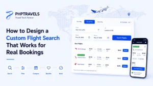 PHPTravels custom flight search interface with smart filters, flexible dates, fare validation, shortlist, and booking flow