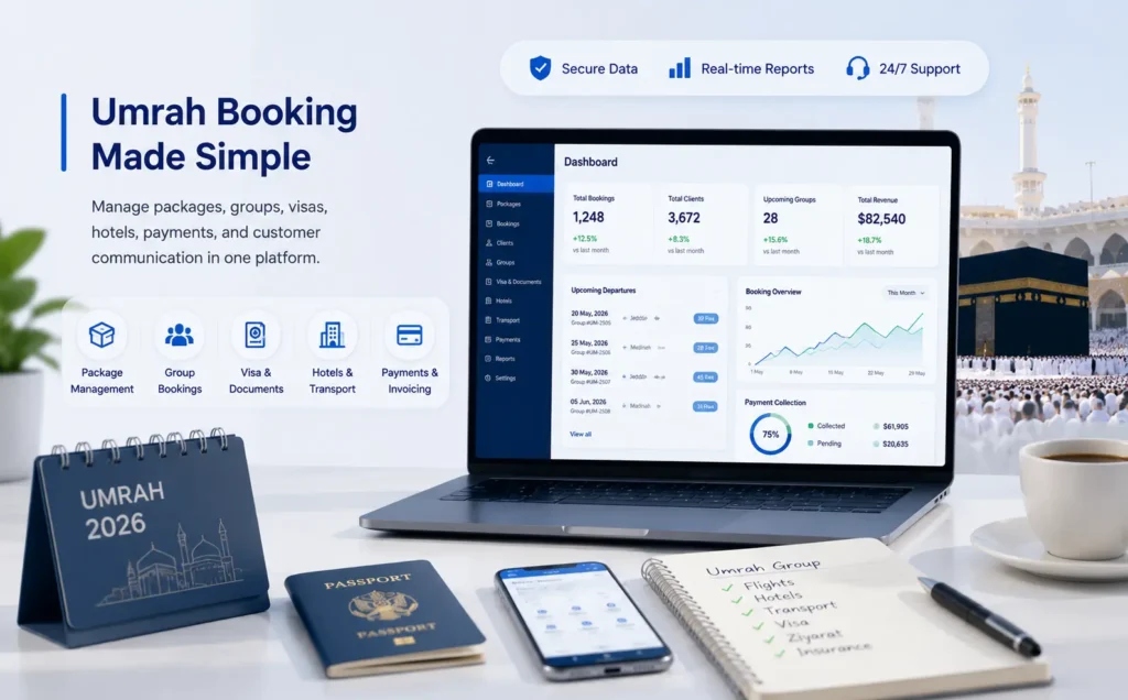 Travel agency team testing Umrah booking software during a live demo