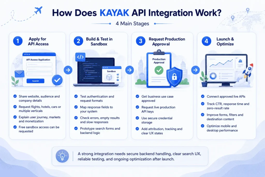 Four-stage KAYAK API integration process covering API access, sandbox testing, production approval, and launch optimization.