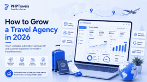 PHPTravels feature image showing travel agency growth in 2026 with analytics dashboard, online bookings, automation, customer support, airplane route, passport, luggage, and globe.