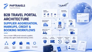 B2B travel portal architecture showing supplier aggregation, hotel mapping, markup rules, agent credit, booking workflows and reconciliation.