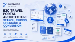 B2C travel portal architecture showing search, API orchestration, pricing, filters, checkout, payment, confirmation and conversion analytics.