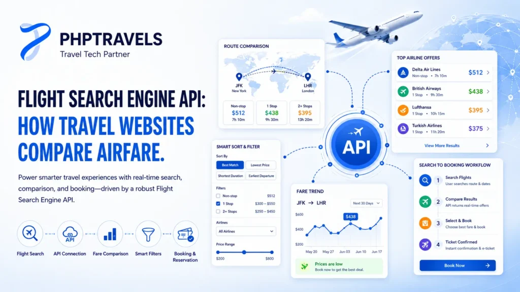 Flight search engine API showing airfare comparison, route options, smart filters, fare trends and booking results from multiple airline sources.