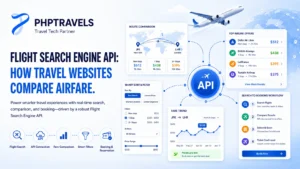 Flight search engine API showing airfare comparison, route options, smart filters, fare trends and booking results from multiple airline sources.