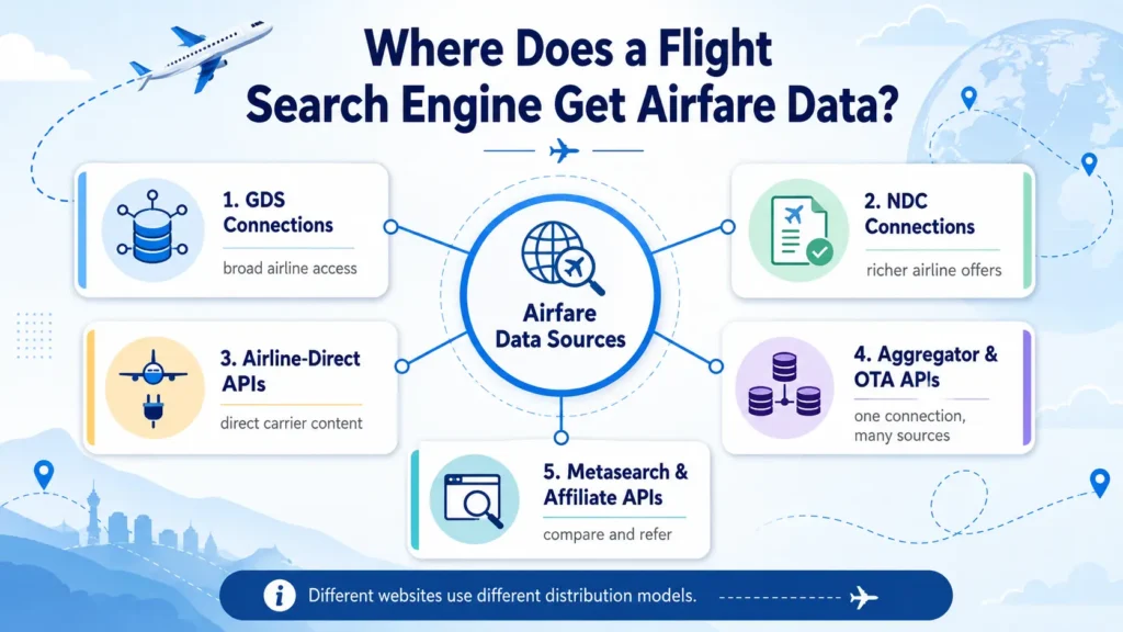 Airfare data sources for flight search engines, including GDS, NDC, airline-direct APIs, aggregator APIs, and metasearch or affiliate APIs.
