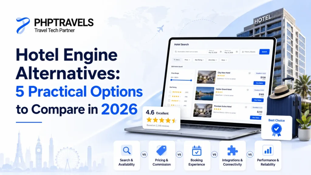 Hotel Engine alternatives comparison showing hotel search, pricing, booking experience, integrations, and performance in 2026.