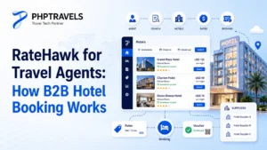 RateHawk for travel agents showing B2B hotel search, live rates, supplier inventory, booking confirmation and voucher workflow.