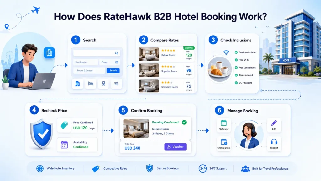 RateHawk B2B hotel booking workflow showing hotel search, rate comparison, inclusions check, price recheck, booking confirmation and post-booking management.