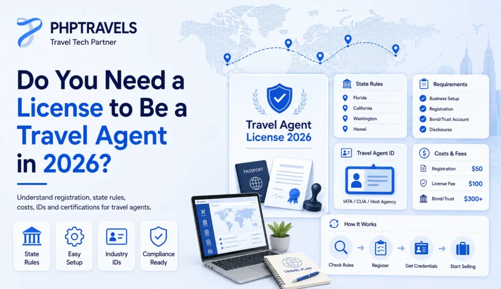 Travel agent license requirements, costs, state rules and industry IDs for 2026.
