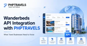 Wanderbeds API integration with PHPTRAVELS showing hotel search, rates, availability, booking, and supplier connectivity.