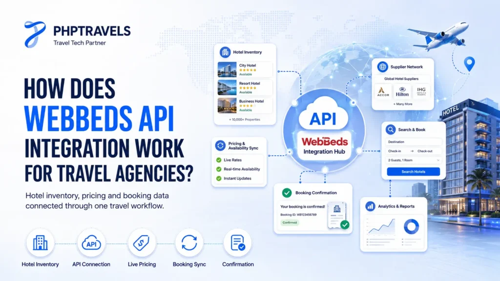 WebBeds API integration for travel agencies connecting hotel inventory, live pricing, availability, booking confirmation and reporting.