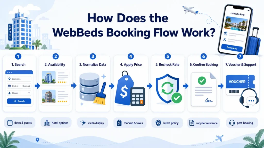 WebBeds API integration booking flow from hotel search to confirmation
