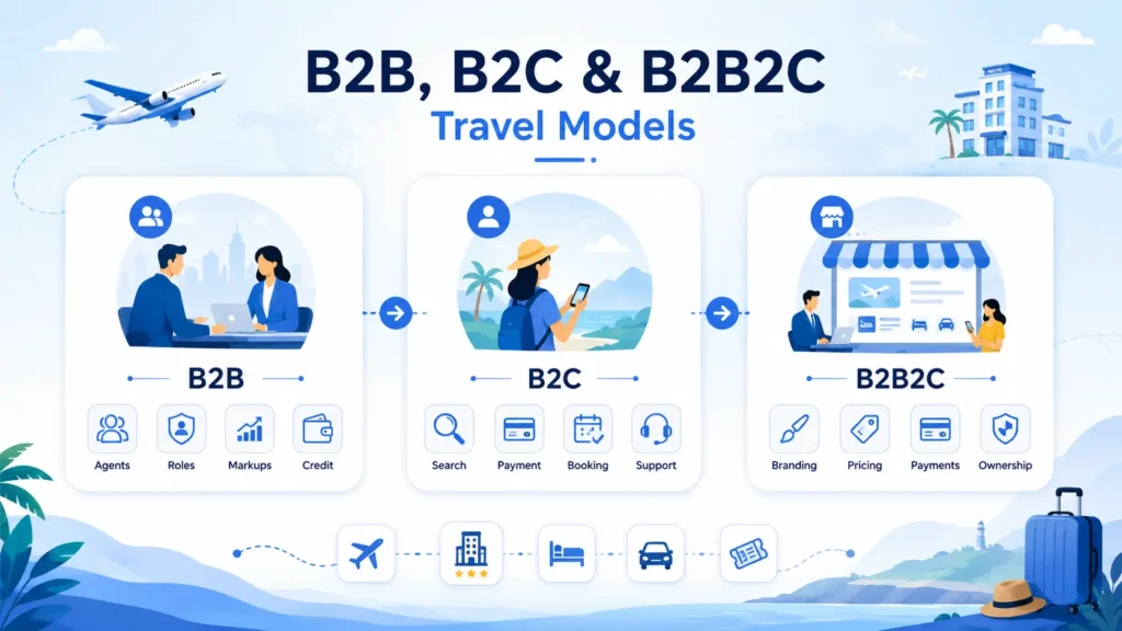 B2B, B2C, and B2B2C travel models showing agents, customer bookings, payments, pricing, and branding.