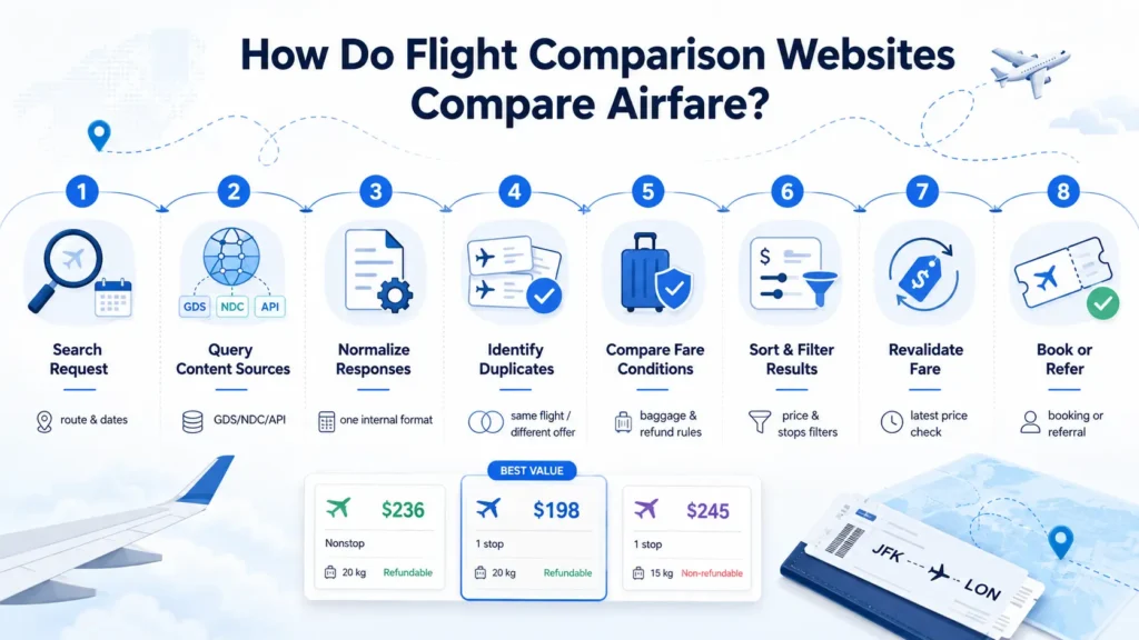 Flight comparison website workflow showing search requests, multiple flight data sources, normalization, duplicate detection, fare comparison, filters, revalidation and booking or referral.