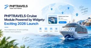 PHPTRAVELS Cruise Module powered by Widgety showing cruise search, itineraries, cabins, packages and Mediterranean cruise booking.